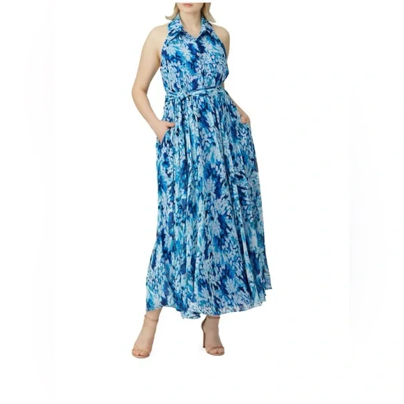 BADGLEY MISCHKA Blue Floral Print Halter Chiffon Maxi Shirt-Dress Gown 20 US